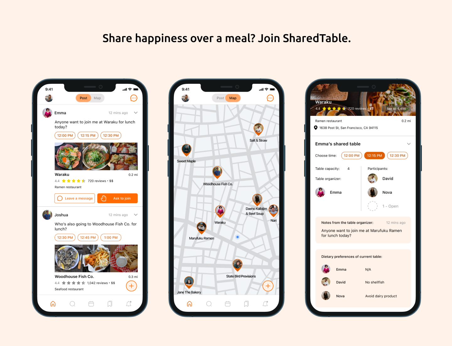 SharedTable's core functionality demonstrated through three key screens: map-based restaurant discovery, available shared tables nearby, and detailed table information with join options.