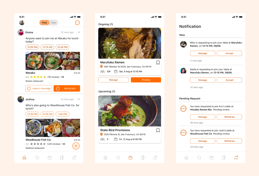 Consistent design language applied across key user touchpoints: the discovery feed with toggle views, reservation management interface, and notification center with conversation threads.