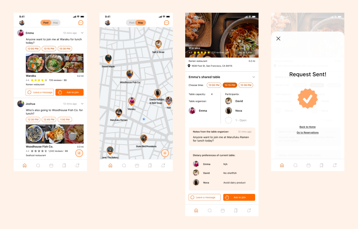 User flow for finding and joining shared tables: browse view, filtering options, table details, and confirmation screens that prioritize trust and clarity.