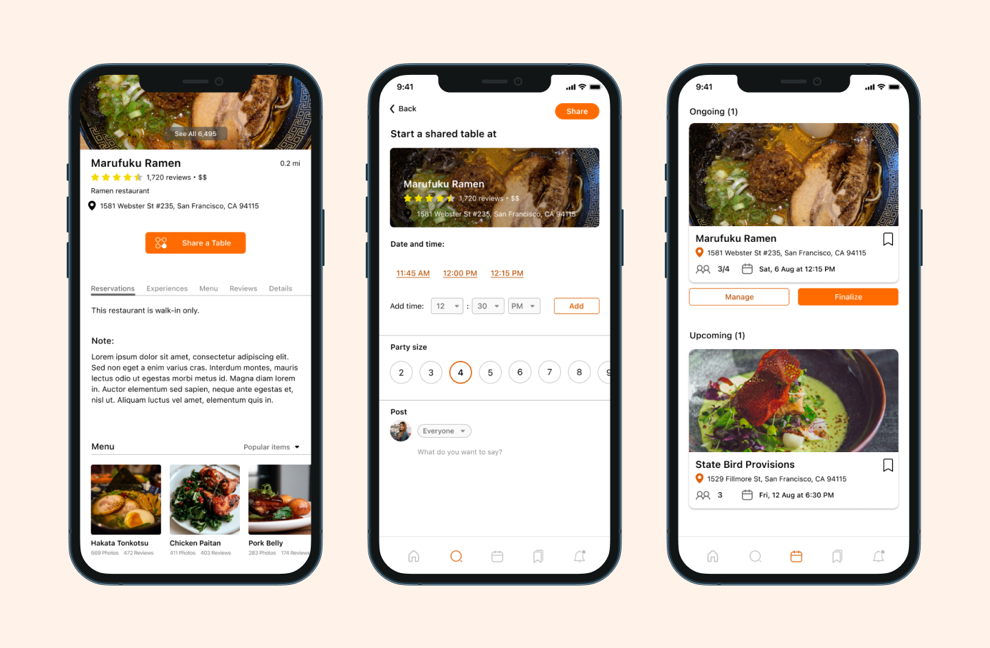 The SharedTable experience flow: from restaurant details with ratings and cuisine information, to creating a shared table with preferences