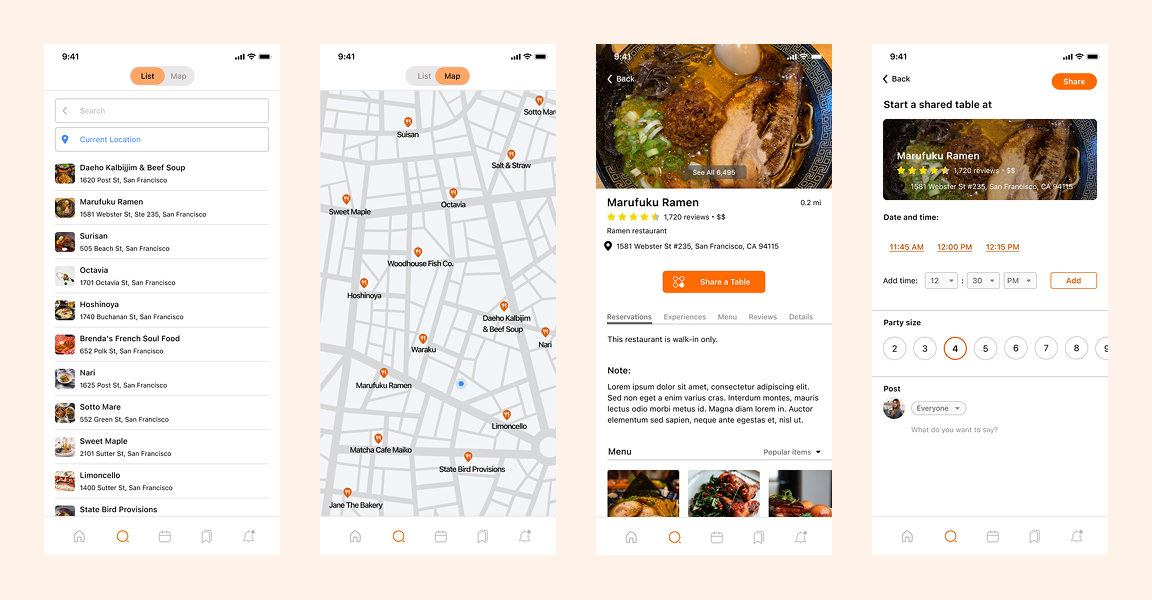 The table creation journey: restaurant selection, setting table details, customizing preferences, and publishing the invitation for others to discover.