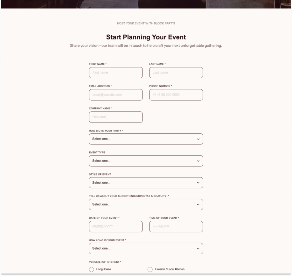 Online event planning form titled Start Planning Your Event with fields for name, email, phone, company, party size, event type, style, budget, date, time, duration, and venue selection.