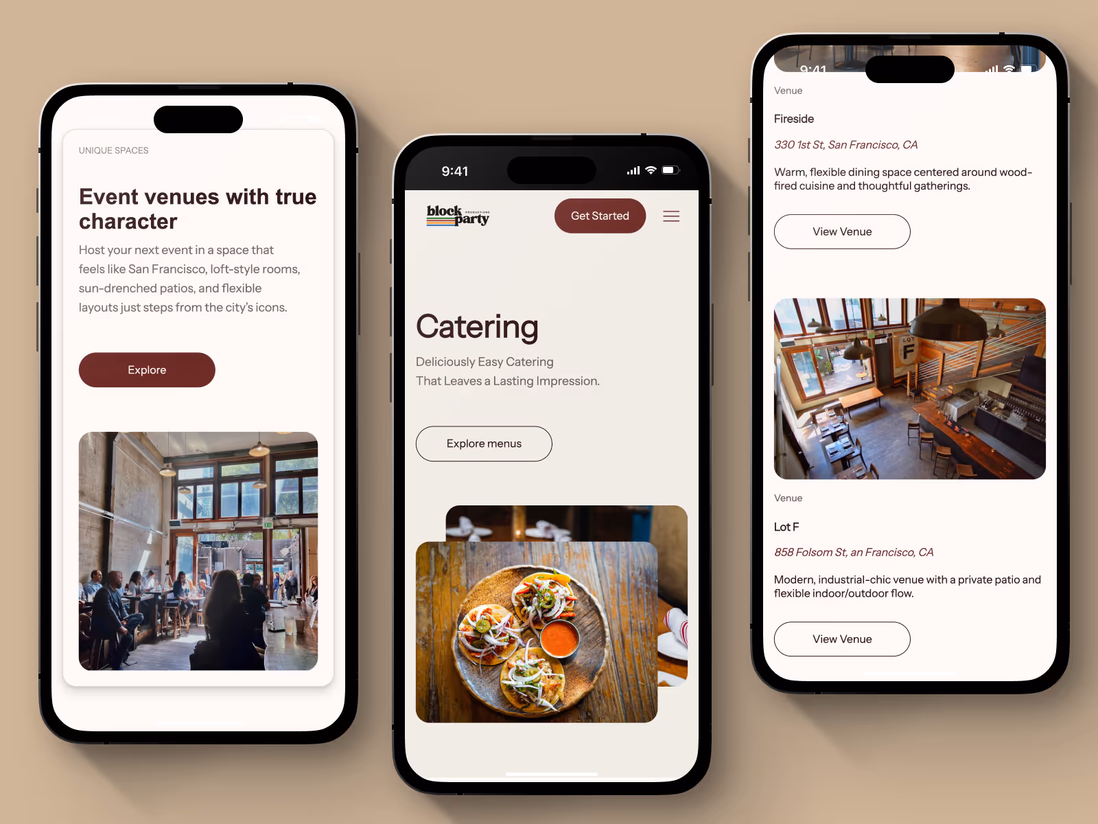 Three smartphones displaying a website for event venues, catering menus showing food, and venue details with images of interior dining spaces.