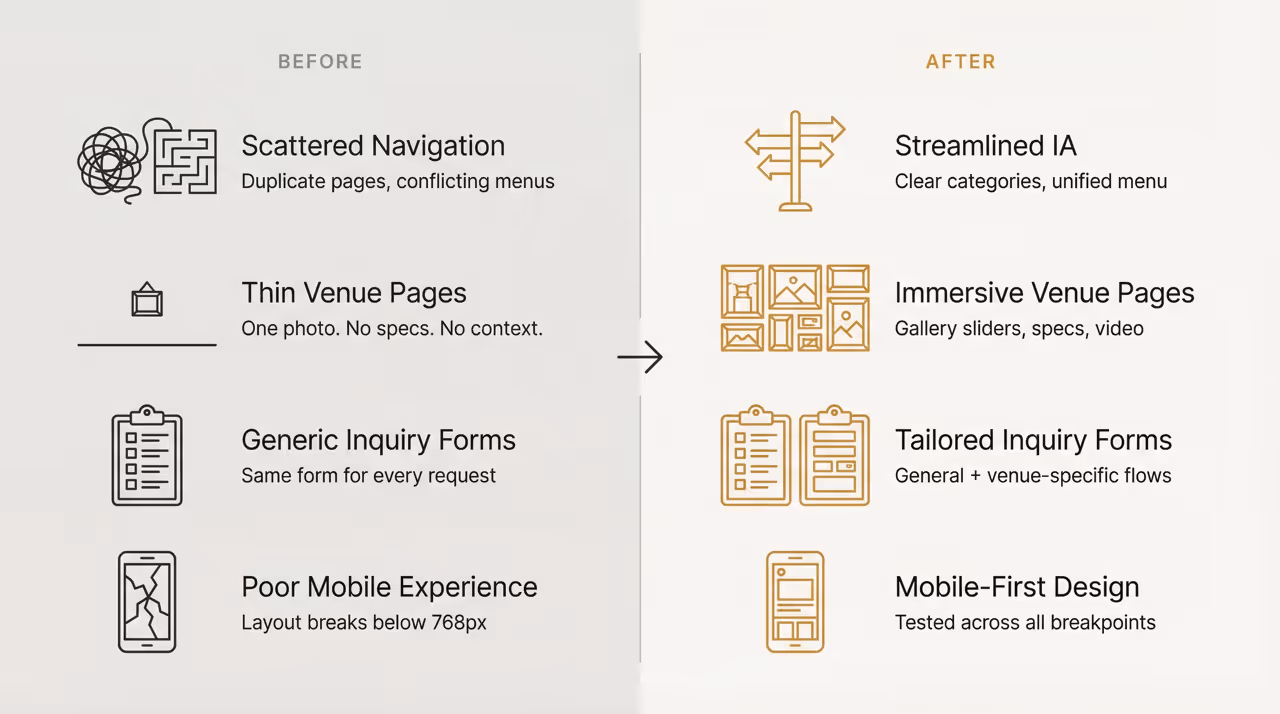 Comparison chart showing problems before and solutions after: scattered navigation with duplicate pages vs streamlined IA with clear categories; thin venue pages with one photo vs immersive venue pages with gallery sliders; generic inquiry forms vs tailored inquiry forms; poor mobile experience vs mobile-first design.